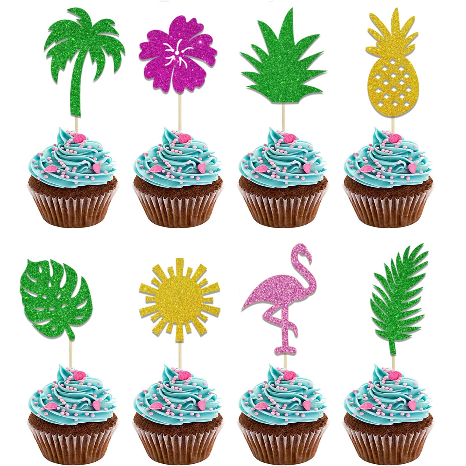 Photo 1 of 40PCS Tropical Cupcake Toppers Glitter Leaf Pineapple Flower Palm Tree Flamingo Cupcake Picks Aloha Cake Decorations for Summer Hawaiian Aloha Baby Shower Birthday Wedding Party Cake Supplies
