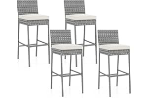 RELAX4LIFE Outdoor Bar Stools Set of 4 - Wicker Rattan Patio Barstools Tall Chairs w/Back, Footrest, Seat Cushions & Metal Frame, 400LBS Weight Capacity, 30’’ Counter Height Bar Stools (2, Grey)