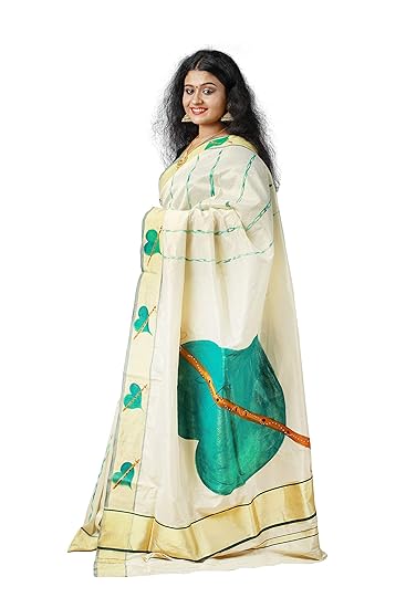 Women's Cotton Kerala Handloom Mural Painted Tissue Saree (Off-White)