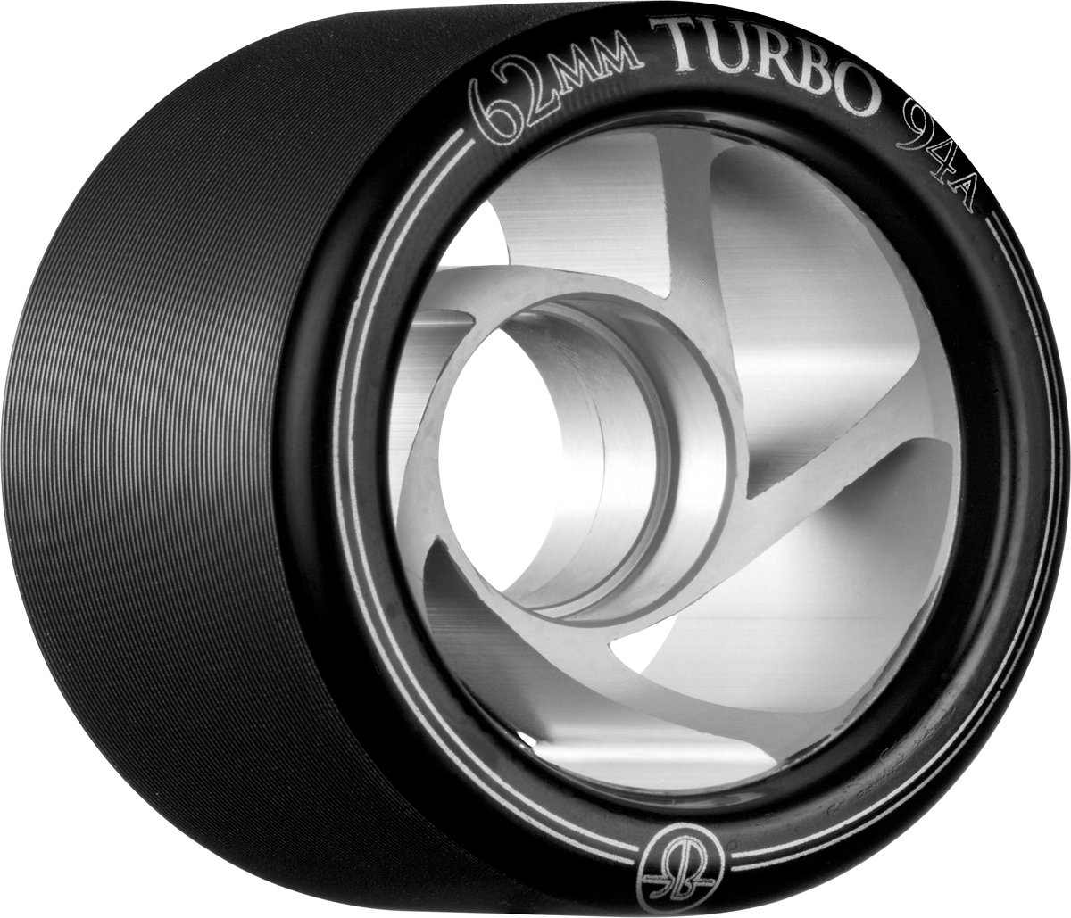 RollerBones Turbo 62mm x 94A Black Speed/Derby Roller Skate Wheels w/Clear Aluminum Hub (8 pk)