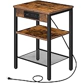 HOOBRO Side Table with Charging Station and USB Port, Small End Table for Small Space, 3-Tier Nightstand with Adjustable Shelf, for Living Room, Bedroom and Balcony, Rustic Brown BF112BZ01