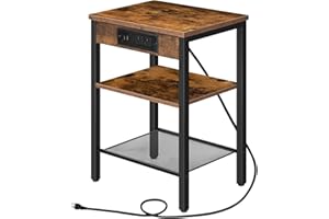 HOOBRO Side Table with Charging Station and USB Port, Small End Table for Small Space, 3-Tier Nightstand with Adjustable Shelf, for Living Room, Bedroom and Balcony, Rustic Brown BF112BZ01