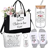 Funnymoom 5 Pack Sister-in-law Gifts, Thank You Gift for Women Birthday, Best Sister in Law Tote Bag, Makeup Bag, 16 oz Drinking Glass, Socks and Keychain