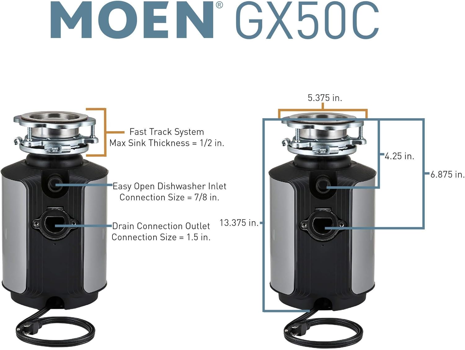 Moen GX50C Prep Series 1/2 HP Continuous Feed Garbage Disposal with Sound Reduction, Power Cord Included - - 