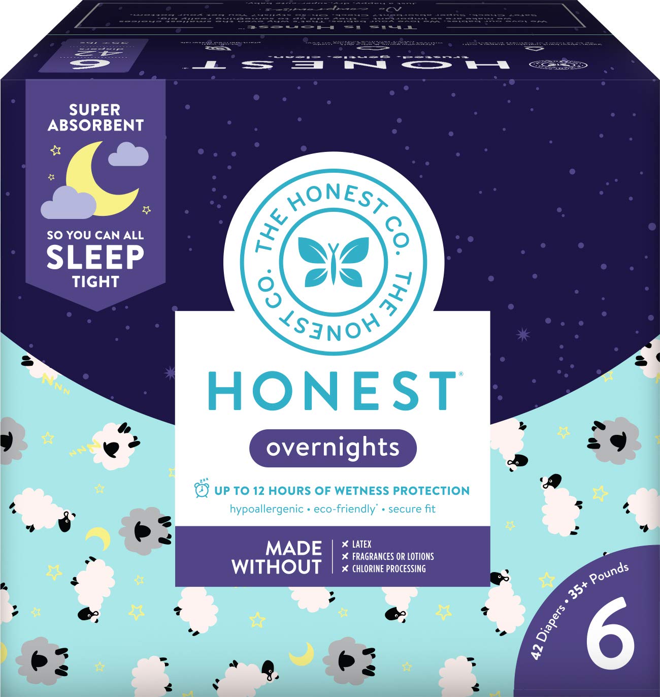 Honest Overnight Baby Diapers, Club Box, Sleepy Sheep, Size 6, 42 Count