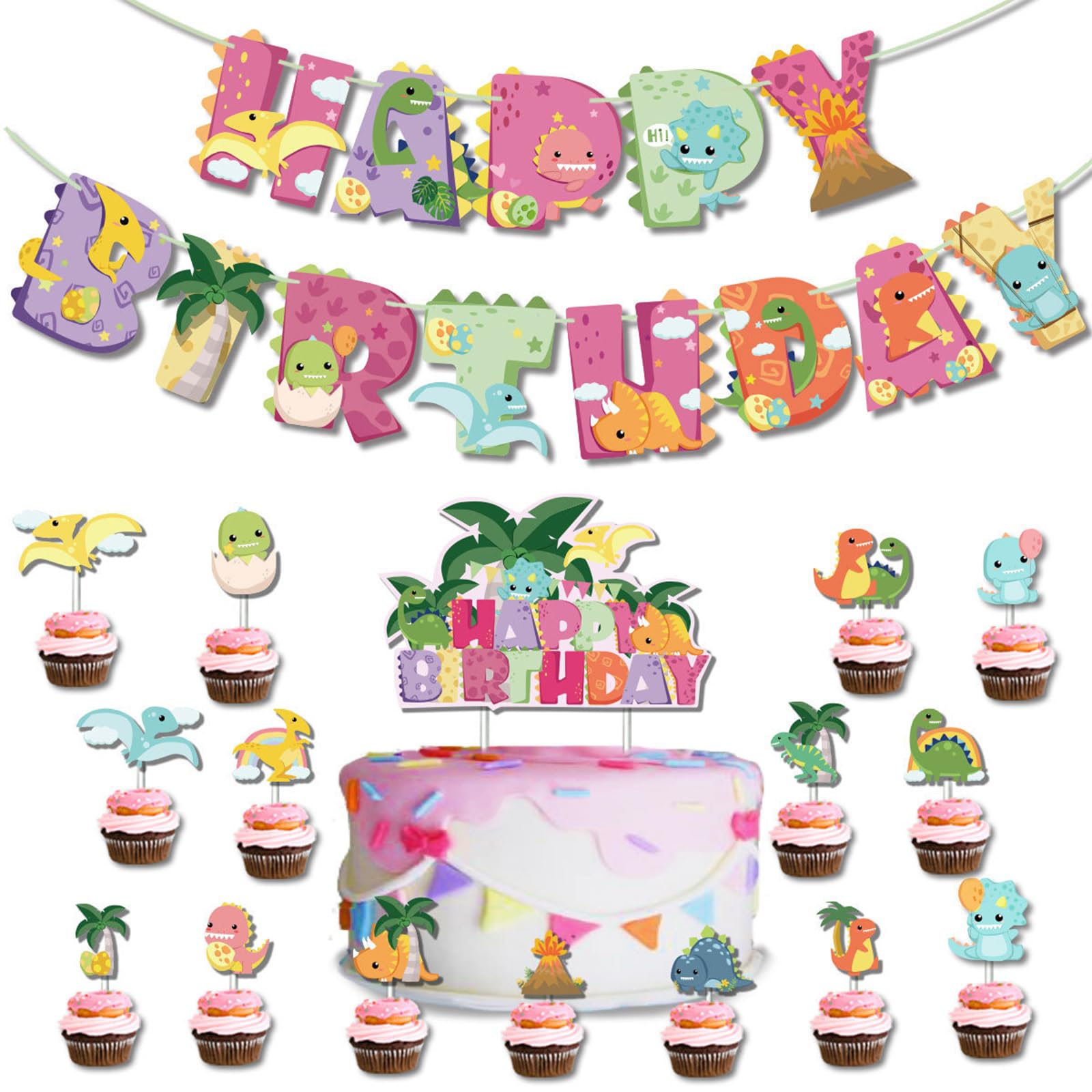 KHIRY Magic Party Cupcake Toppers - Dinosaur Set, 16 Pieces Dinosaur Cake Toppers, 2 Pieces Flag Banners, Dinosaur Cupcake Toppers, Magic Cupcake Toppers, Party Wedding Decorations