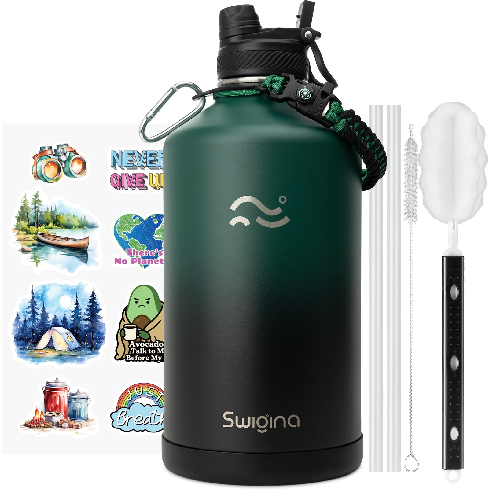 Swigina Insulated Water Bottle with Silicone Boot (36hrs Cold/18hrs Hot) - DIY Stickers, [2-in-1 Lid], BPA Free, 128 oz Image