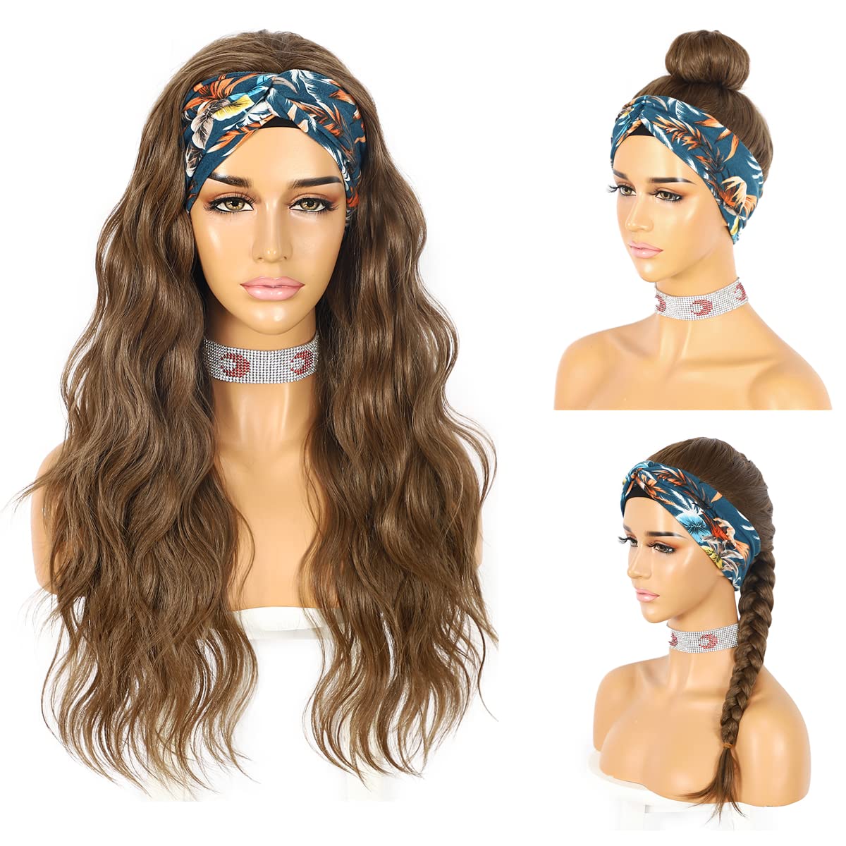 Sapphirewigs Body Wave Headband Wig Golden Brown Synthetic Long Wavy Wigs for Women Glueless Hair Natural Looking 150% Density 26 inch — image 1