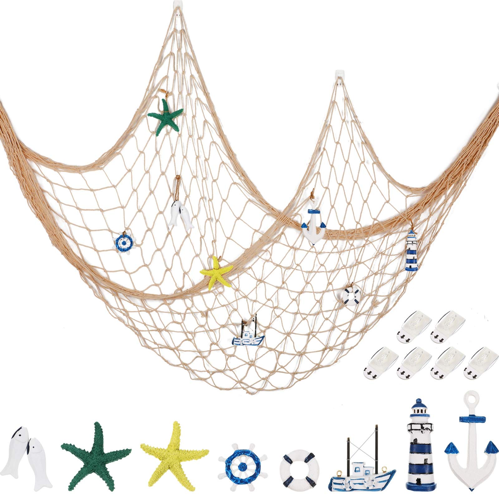 Jetec 79 x 40 Inch Fish Net Decorations for Party, Natural Hawaiian Party Fishing Net Decor, 8 Pieces Starfish, Sailboat, Lighthouse, Life Ring, Rudder, Anchor Clear Hook for Ocean Beach