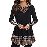 Bebonnie Cowl Neck Tunics Long Sleeve Patchwork Form Fitting Casual A-Line Top Blouse