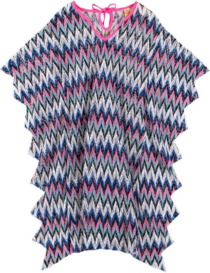 Mia Belle Baby Little Girls Pink & Aqua Y-Neck Crochet Caftan Beach Swim Wear Suit Cover Up