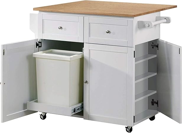 Amazon Com Kitchen Cart With Leaf Trash Compartment And Spice Rack Natural Brown And White Kitchen Islands Carts