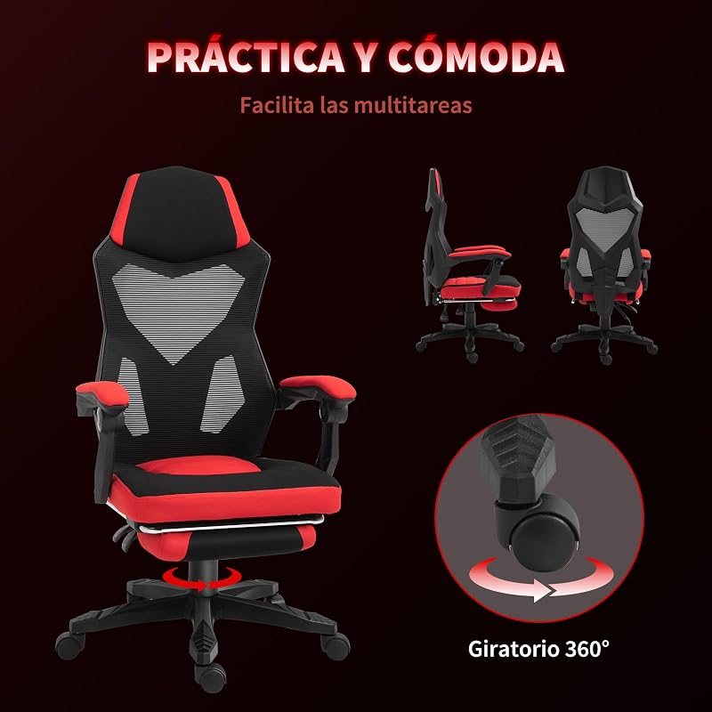 Silla Gaming Giratoria de Malla con Reposapiés Retráctil Rojo — foto 8 de 8