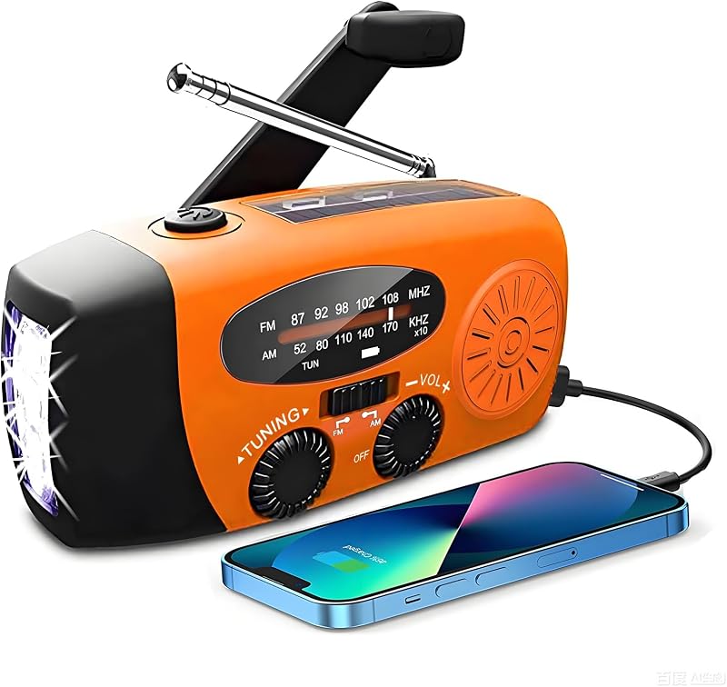 Solar Radio, Tragbar Kurbelradio Dynamo Radio mit AM/FM, Notfall Radio mit Kurbel, 2000mAh Wiederaufladbare Powerbank,LED Taschenlampe,USB-Handy-Lader für Camping Ourdoor orangefarben