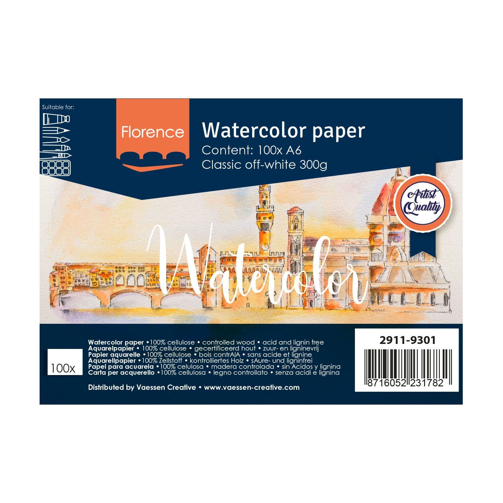 Vaessen Creative Florence Watercolour Paper A6, Off-White, 300 GSM, Textured Surface, Artist Grade Quality, 100 Sheets for Painting, Handlettering and Art Projects