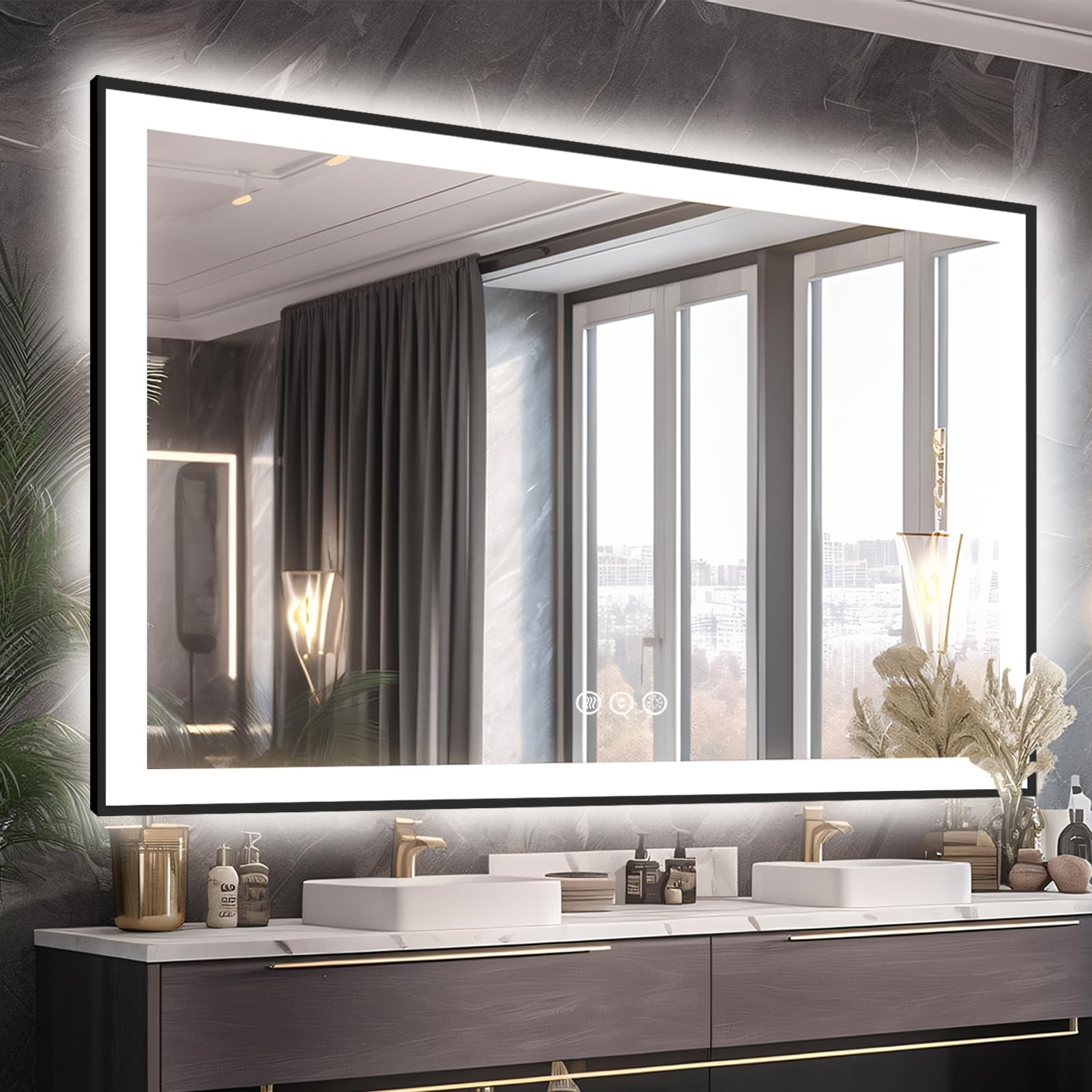 EchosLife 60x40 LED Mirror for Bathroom - Matte Black Framed (Front and ...
