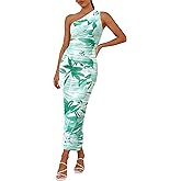 PRETTYGARDEN Women's One Shoulder Bodycon Dresses Summer 2026 Ruched Floral Beach Cocktail Wedding Guest Dress