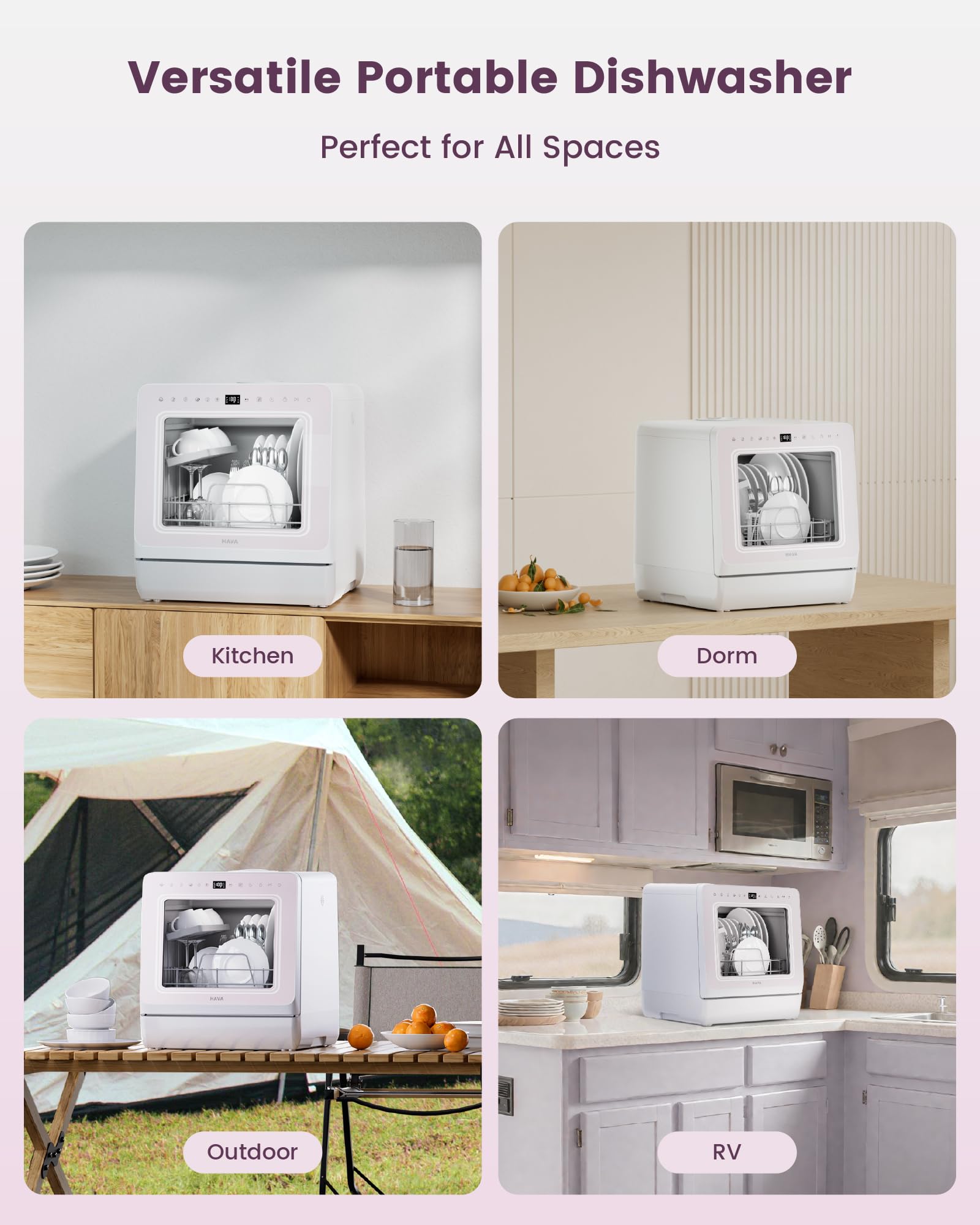 HAVA Countertop Dishwasher with Water Softener and Enhanced Energy Efficiency, Portable Dishwasher with 8 Wash Programs, Child Lock & Delayed Start Function, No Installation Needed - Misty Lilac