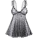HOTSO Lace Babydoll Ruffle Lingerie for Women Sexy Mini Mesh Dress Chemise Nightgown Sheer See Through Wedding Nightie