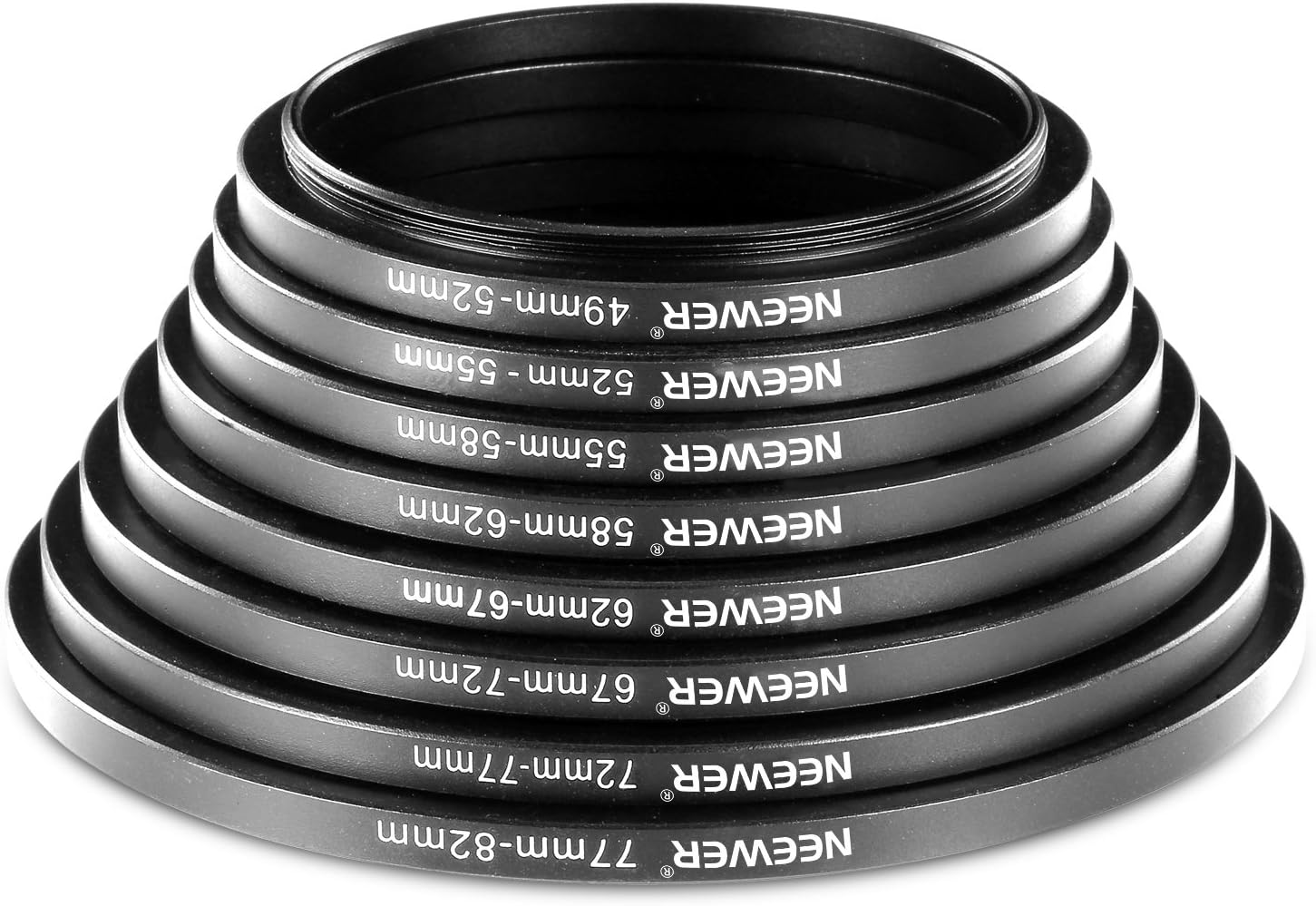 Neewer® 8 Pieces Step-up Adapter Ring Set Made of Premium Anodized Aluminum, includes: 49-52mm, 52-55mm, 55-58mm, 58-62mm - Image 3