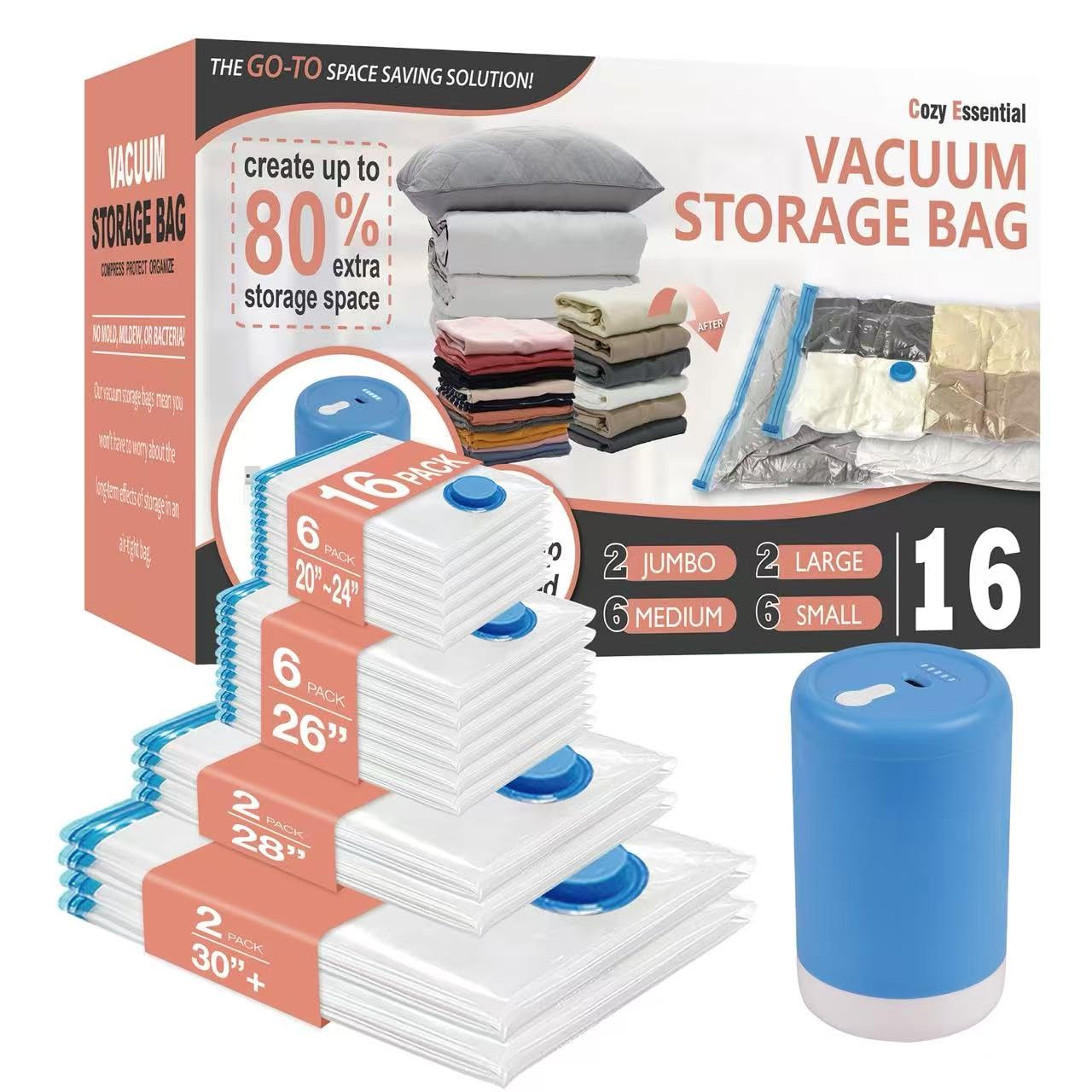 Photo 1 of 16 Pack Travel Vacuum Storage Bags with Rechargeable Wireless Electric Pump for Luggage, Suitcase, Carry-on Size Vacuum Seal Compression Space Saver Bags for Clothes and Clothing Travel