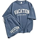 Klyatpxoen Size 6-12 Years Girl's Tracksuit Sets 2 Piece Outfits Letter Print Vacation Tee Top and Drawstring Waist Shorts