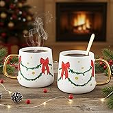 Potchen 2 Pcs Holiday Mugs Set Gift for Couple Parents, Coffee Cup with Golden Handle and Spoon, 10 oz Ceramic Tea Hot Cocoa Cups Gift for Family Home Kitchen Decor(Christmas Garland)