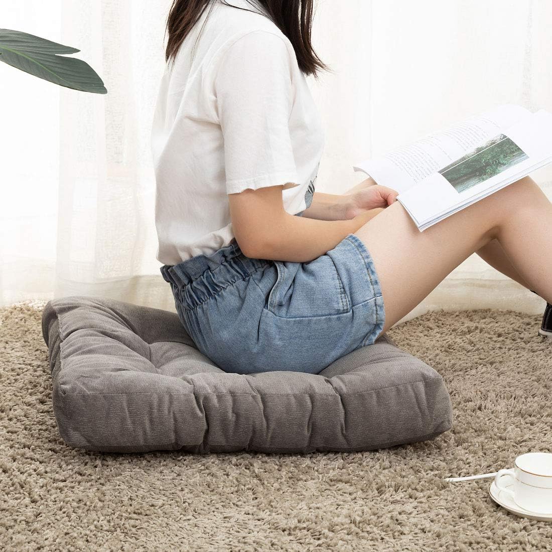 HIGOGOGO Floor Pillow, Square Tufted Seat Cushion Thicken Corduroy Meditation Pillow Tatami Floor Cushion for Yoga Living Room Balcony Office Outdoor, Grey, 22x22 Inch: Furniture & Decor