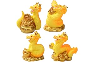 LAIAMER 4PCS Mini Chinese New Year Dragon Figurine Resin 2024 Mini Golden Chinese Zodiac Dragon Statue for New Year Tabletop Car Decoration Commemorative Ornaments Home Office Collection Gift