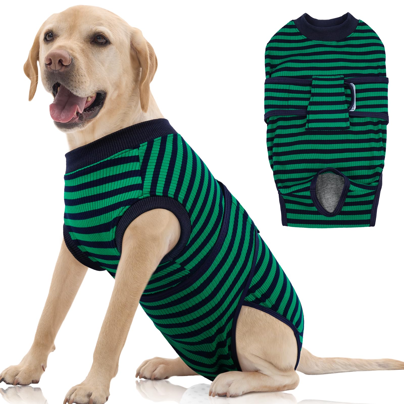 Photo 1 of FUAMEY Recovery Suit for Dogs After Surgery,Soft Breathable Dog Bodysuit E-Collar & Cone Alternative Surgical Suit,Male Female Dog Neuter Spay Suits Anti Licking Wounds Onesie Green Black Stripes XL