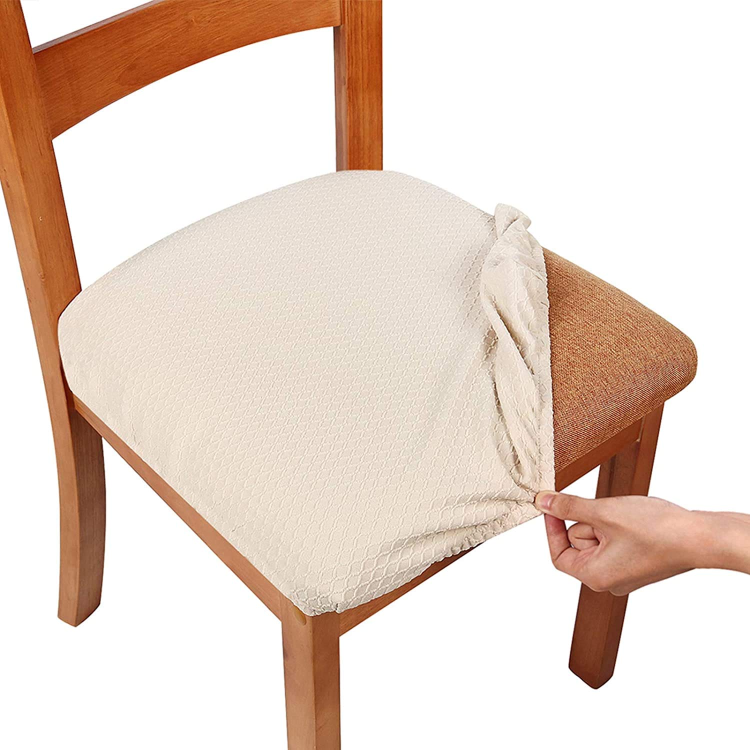 smiry Stretch Chair Seat Covers for Dining Room, Beige Set of 6 Jacquard Dining Chair Seat Cushion Protectors Chair Slipcovers