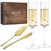 AW BRIDAL 4Pcs Mr and Mrs Champagne Flutes with Gold Wedding Cake Cutting Set, Wedding Toasting Glasses for Bride and Groom, Engagement and Bridal Shower Gifts for Couple with Wood Keepsake Box
