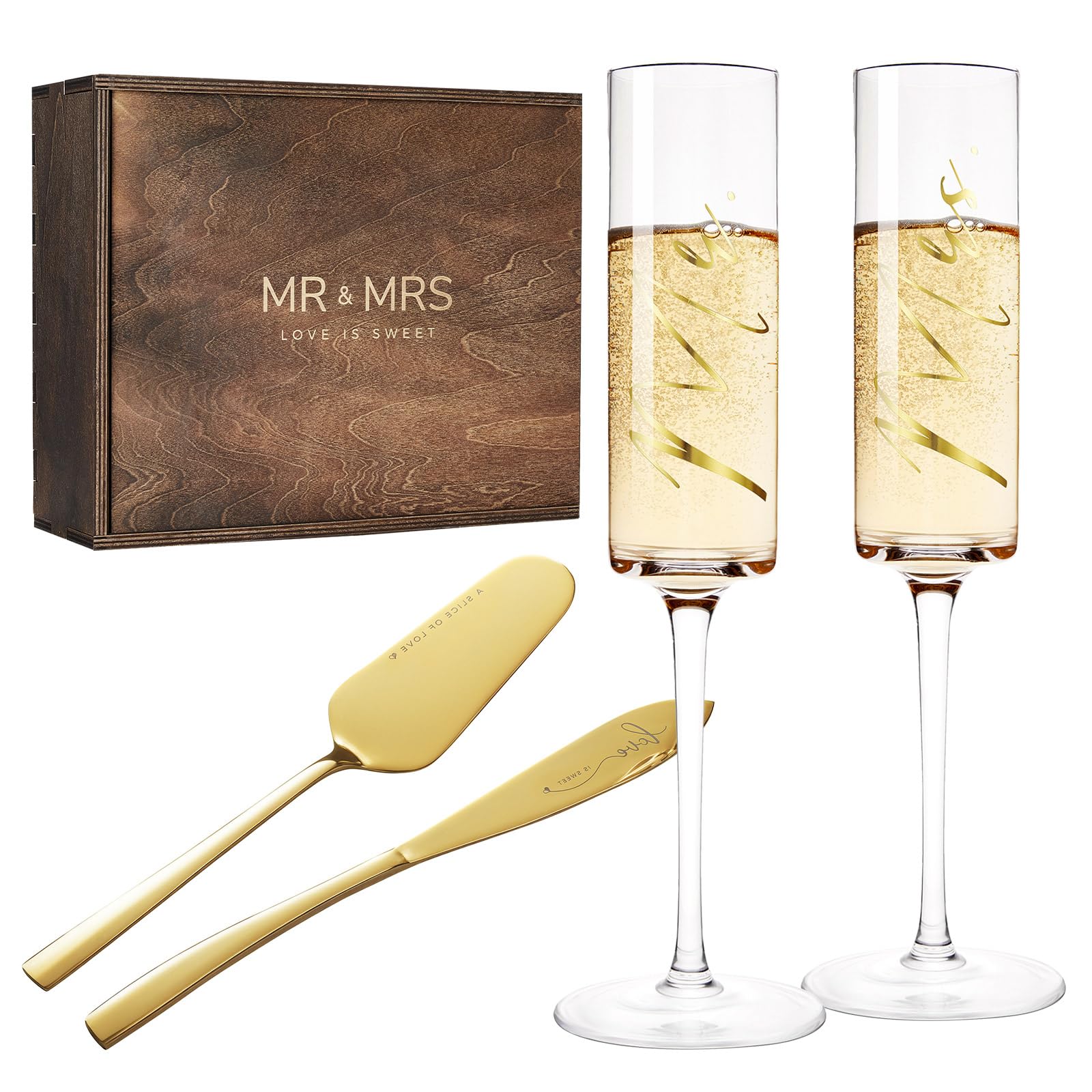 Photo 1 of AW BRIDAL Engagement Bridal Shower Wedding Gifts for Couple Newlyweds, Anniversary Mr Mrs Champagne Flutes Toasting Glasses Set of 2, Wedding Gold Cake Cutting Set with Wooden Box for Bride Groom