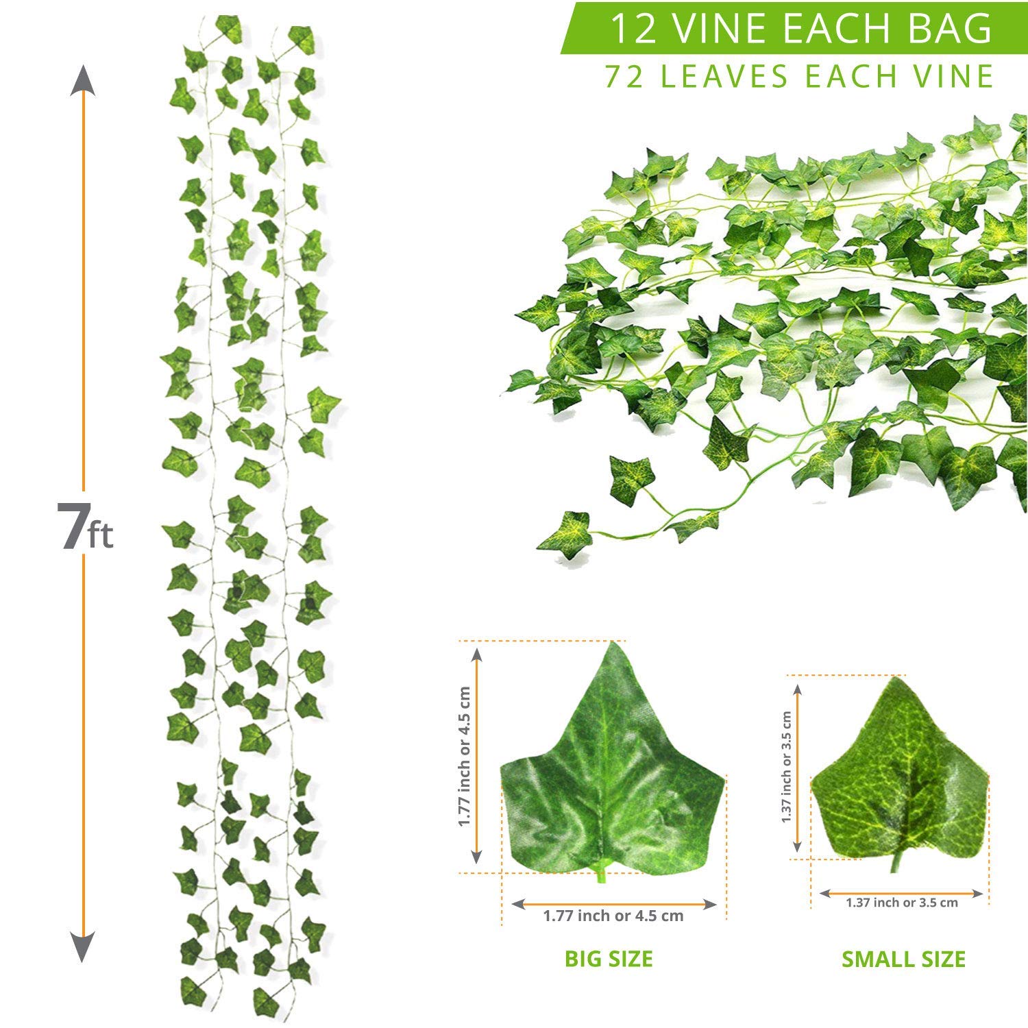 Ivy garland artificial faux plant 12pcs (84FT) Garland Fake Ivy Vine Hanging Plant for Home office garden Christmas Wedding indoor & outdoor party decorations.