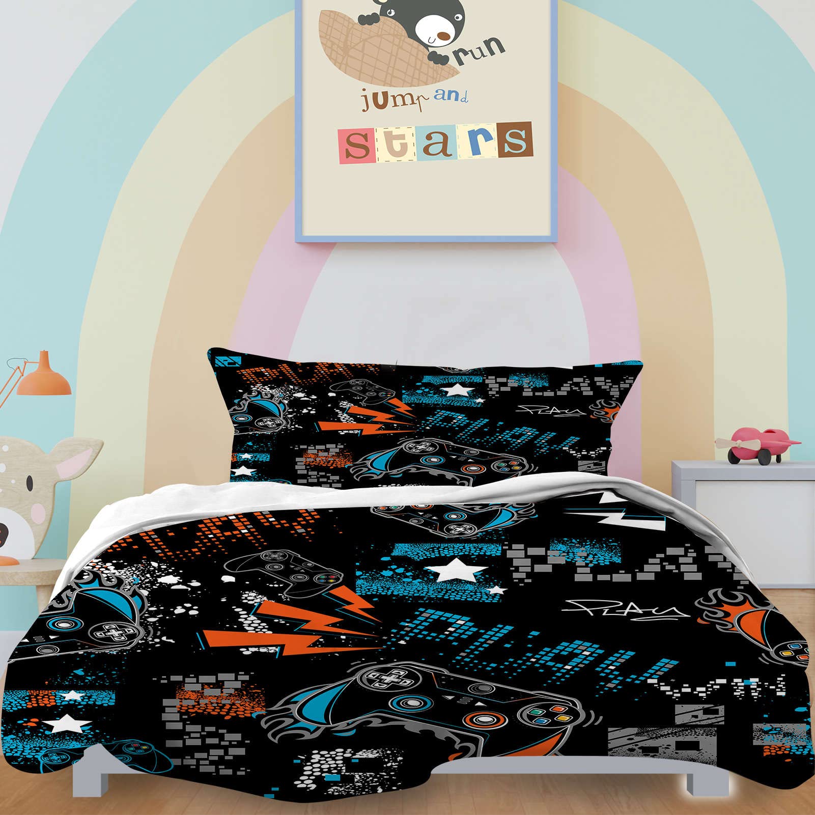 YUANZU Gamepad Duvet Cover Set Single for Kids Boys Teens Bedding Set 2 Pieces Graffiti Gamer Video Game Joystick Printed Soft Microfiber Quilt Cover with Zipper Closure (135x200cm & 1Pillowcase)