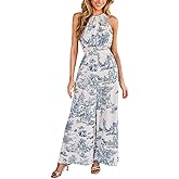 CUPSHE One Piece Jumpsuits for Women Summer Halter Neck Sleeveless Printed Wide Leg Long Pants Rompers Vacation Outfits