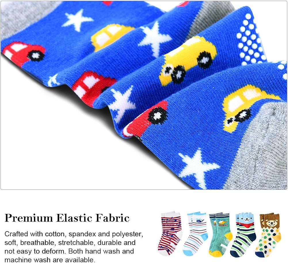 Boys Crew Socks Non Slip Ankle Socks Athletic Socks with Cartoon Car Pattern 5 Pair: Clothing