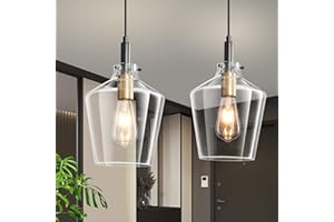 Vaziden Modern Glass Pendant Lighting for Kitchen Island 2 Pack, Farmhouse Black and Gold Pendant Light Fixtures, Adjustable Hanging Ceiling Light, Angled Clear Glass Shades 8 Inch