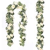 2 Packs Eucalyptus Garland with Flowers, 6.56ft Artificial Flower Greenery Garlands Natural Looking, Floral Garland Rose Vines for Party Wedding Table Backdrop Wall Decor