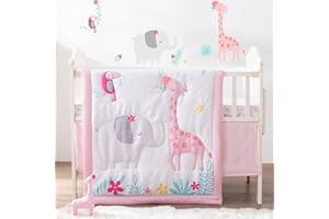 Bertte 4 Piece Crib Bedding Set for Boys Girls, Nursery Bedding Standard Size Soft Baby Bedding Crib Set Including Cartoon Quilt, Crib Skirt, Fitted Crib Sheet and Plush Toy (Pink Giraffe)