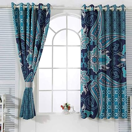 Blackout Lined Curtains Navy Blue Floral Paisley Design Bohemian