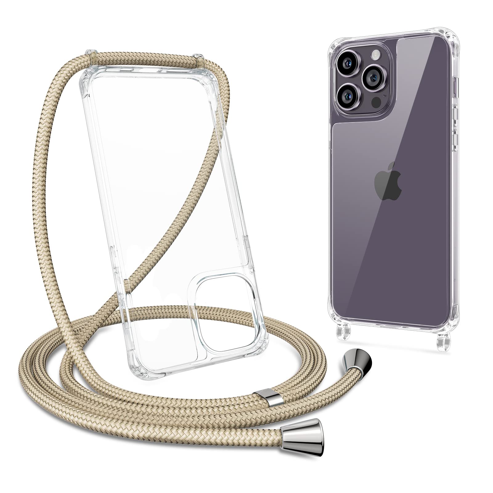 ZTOFERA Crossbody Lanyard Case for iPhone 14 Pro, Ultra Clear Hard Back with Soft Bumper Protective Phone Case with Strap Adjustable Neck Cord Necklace Shockproof Cover for iPhone 14 Pro, Khaki