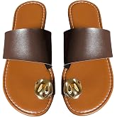 GORGLITTER Women's Rhinestone Toe Ring Flats Sandals Dressy Leather Slip On Slides Summer Vacation Beach Sandal