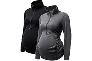DEBELLY Maternity Shirt with Pocket Women's Lapel Top Casual Pregnancy Long Sleeve Zipper Hoodie