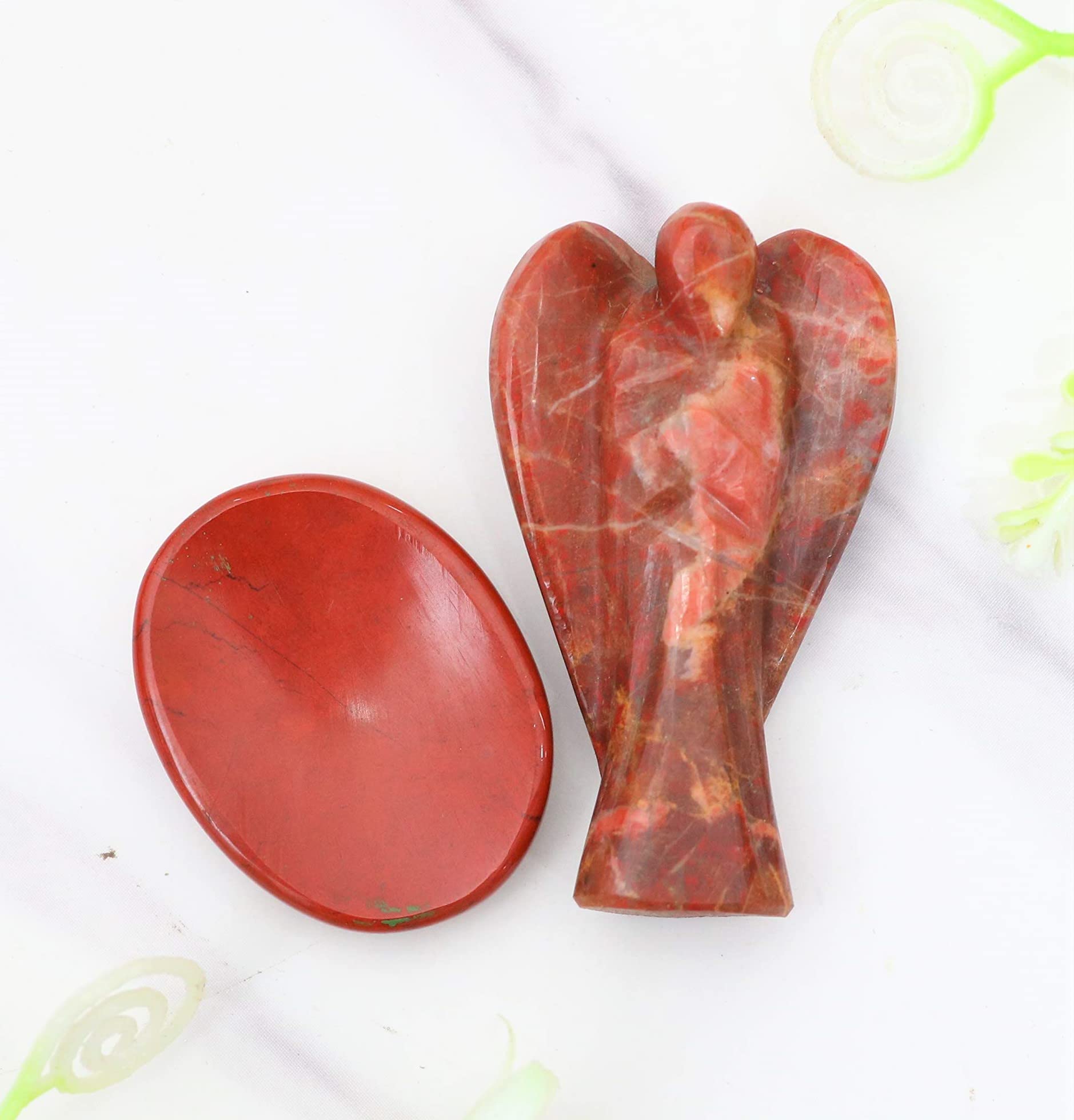 Crocon® Red Jasper Gemstone Peace Pocket Angel with Palm Worry Thumb Stone Guardian Carved Mini Healing Statue Energy Generator Prayer Gift Good Luck Decor