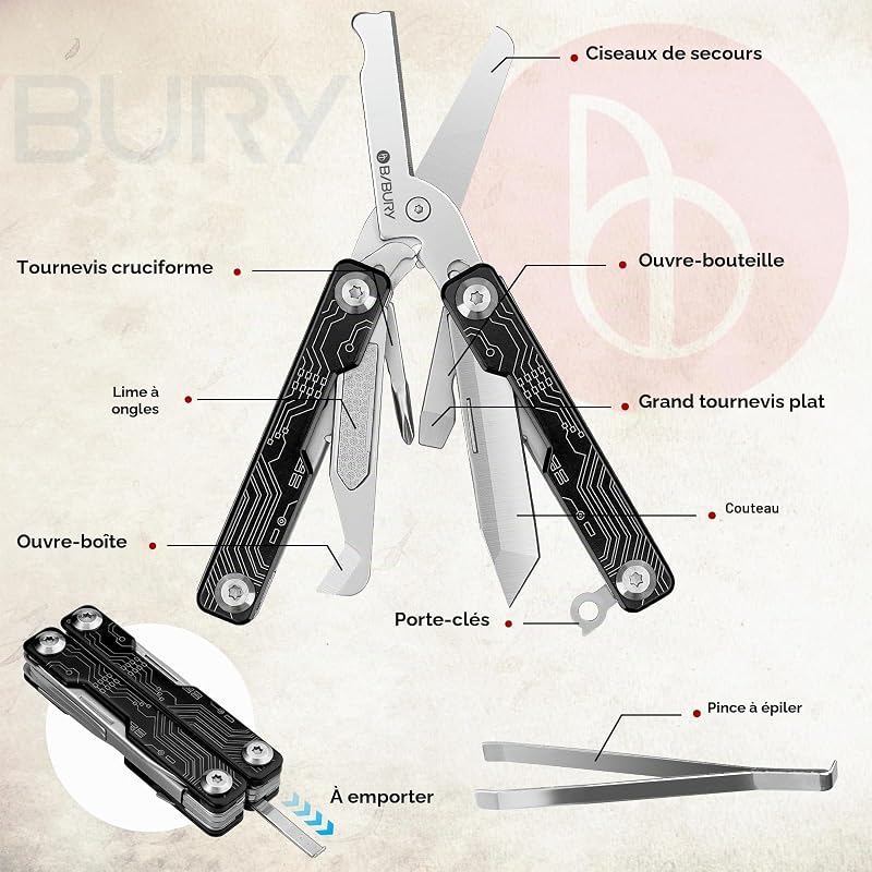 Multitool, Multi Tool de Poche EDC, Ciseaux Multifonctions avec Brise-vitre, Outil Multifonction pour Urgences et l'usage Quotidien, Idée Cadeau Homme, Gadgets EDC, Cadeau Noel Homme - Noir