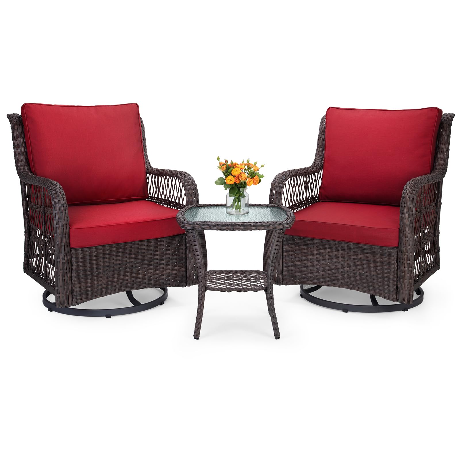 Photo 1 of ***Chairs Only***IDEALHOUSE 3 Pieces Outdoor Wicker Swivel Rocker Patio Set, 360-Degree Swivel Rocking Chair Elegant Wicker Patio Bistro Set with Tempered Glass Top Side Table (Red)