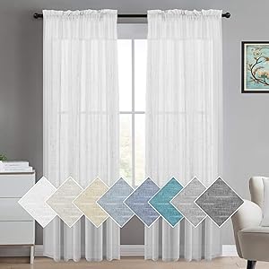 Sheer Linen Curtains 84 Inches White Linen Curtain Panels Natural Linen Blended Sheer Curtains Rod Pocket Sheer Curtains for Living Room, Light Filtering Linen Sheer Curtains (2 Panels, White)