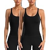 ATTRACO 2 Pack Ribbed Workout Tank Top with Built in Bra Women Seamless Cropped Racerback Yoga Tops Tight Fit