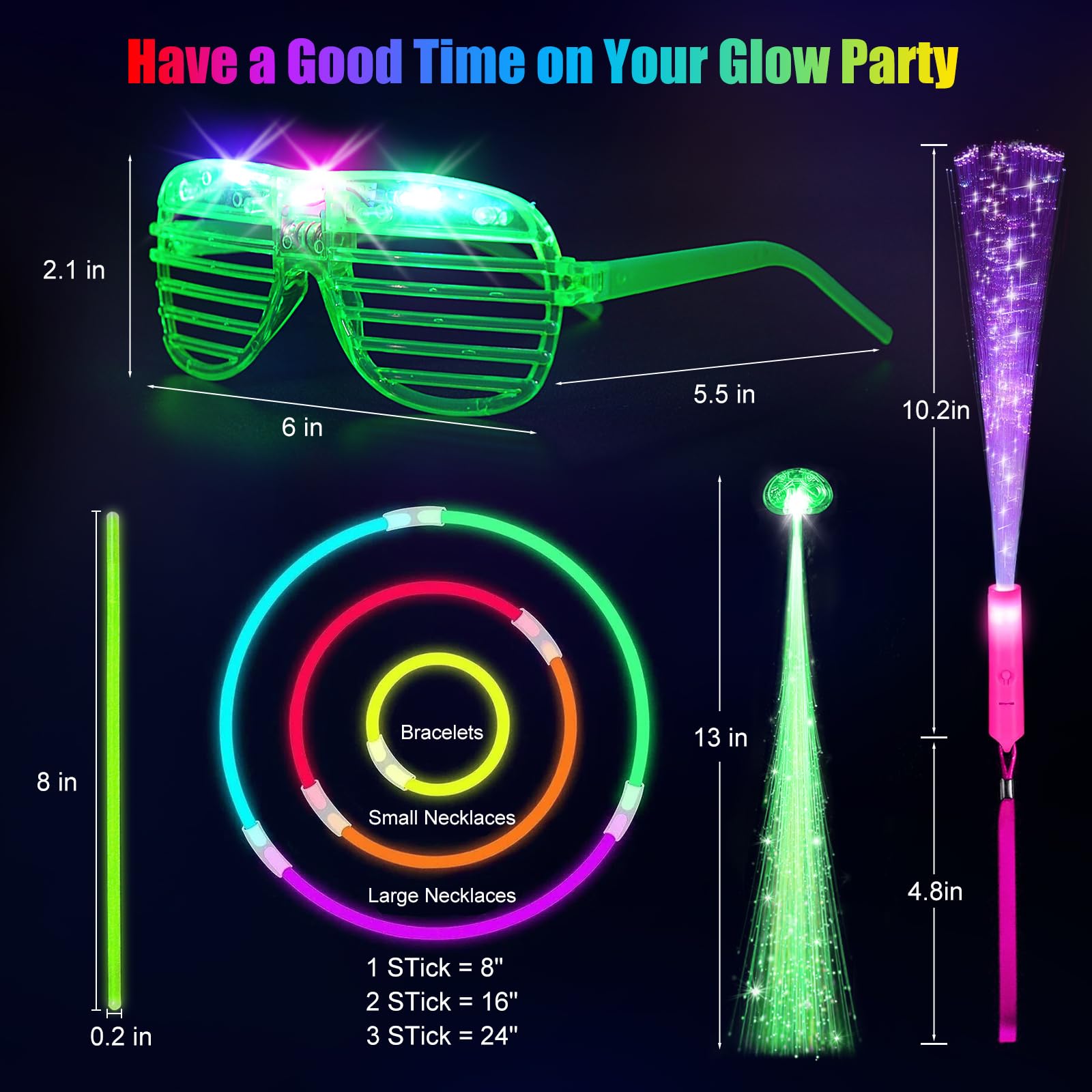148 PCS Glow in the Dark Party Supplies, 16 Fiber Optic Wands, 14 LED Glasses, 100 Glow Sticks and 18 LED Hair Clips Fiber Optic for Neon Party, Wedding, Birthday, Concert, New Year